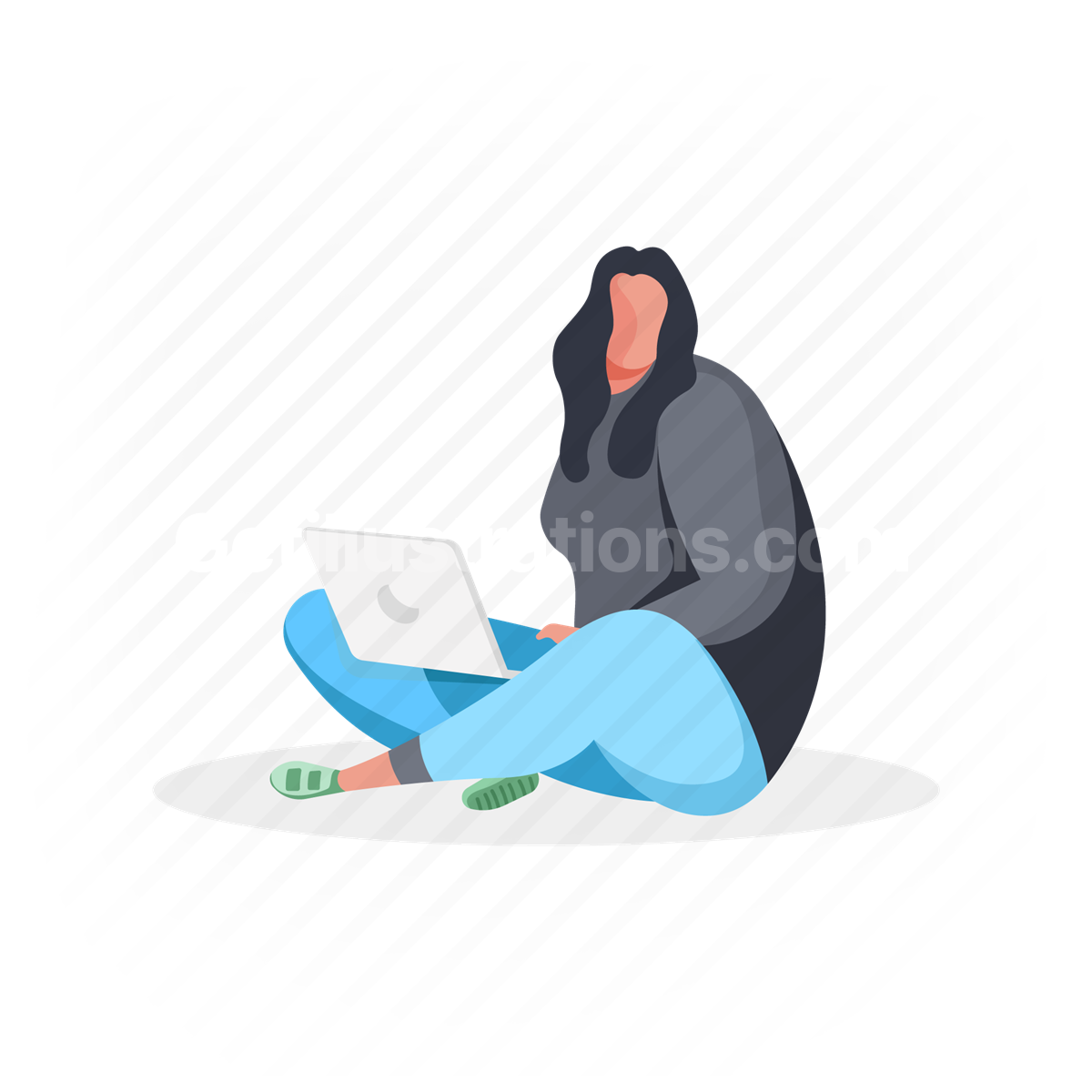 woman, sit, cross legged, computer, laptop
